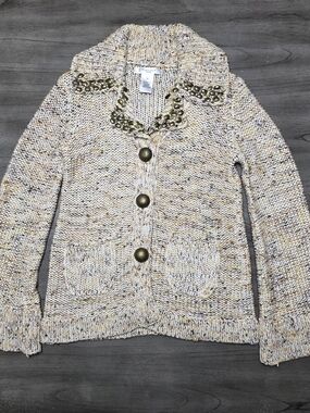Vertigo Paris Cream Multicolor Sequin-Collar Chunky Knit Cardigan